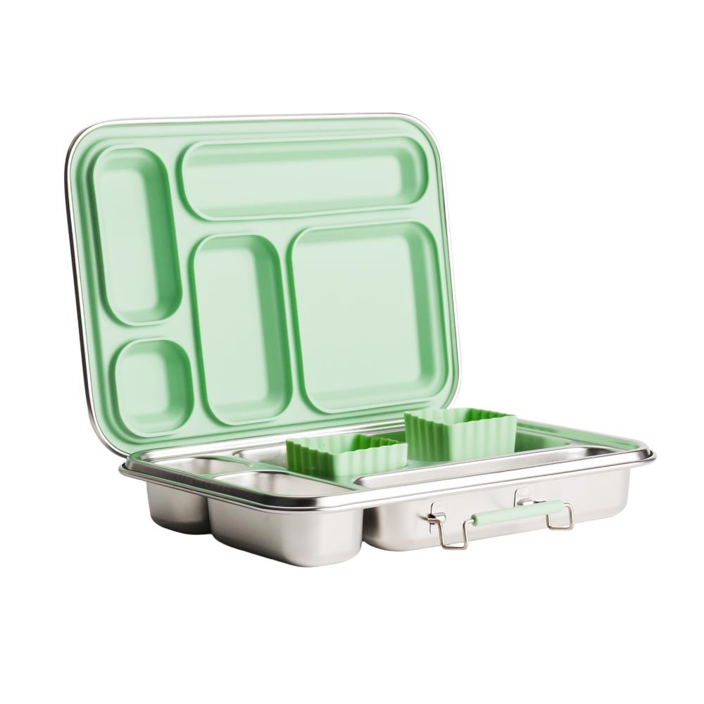 Green bento box with silicone cups inside the compartments on a white background