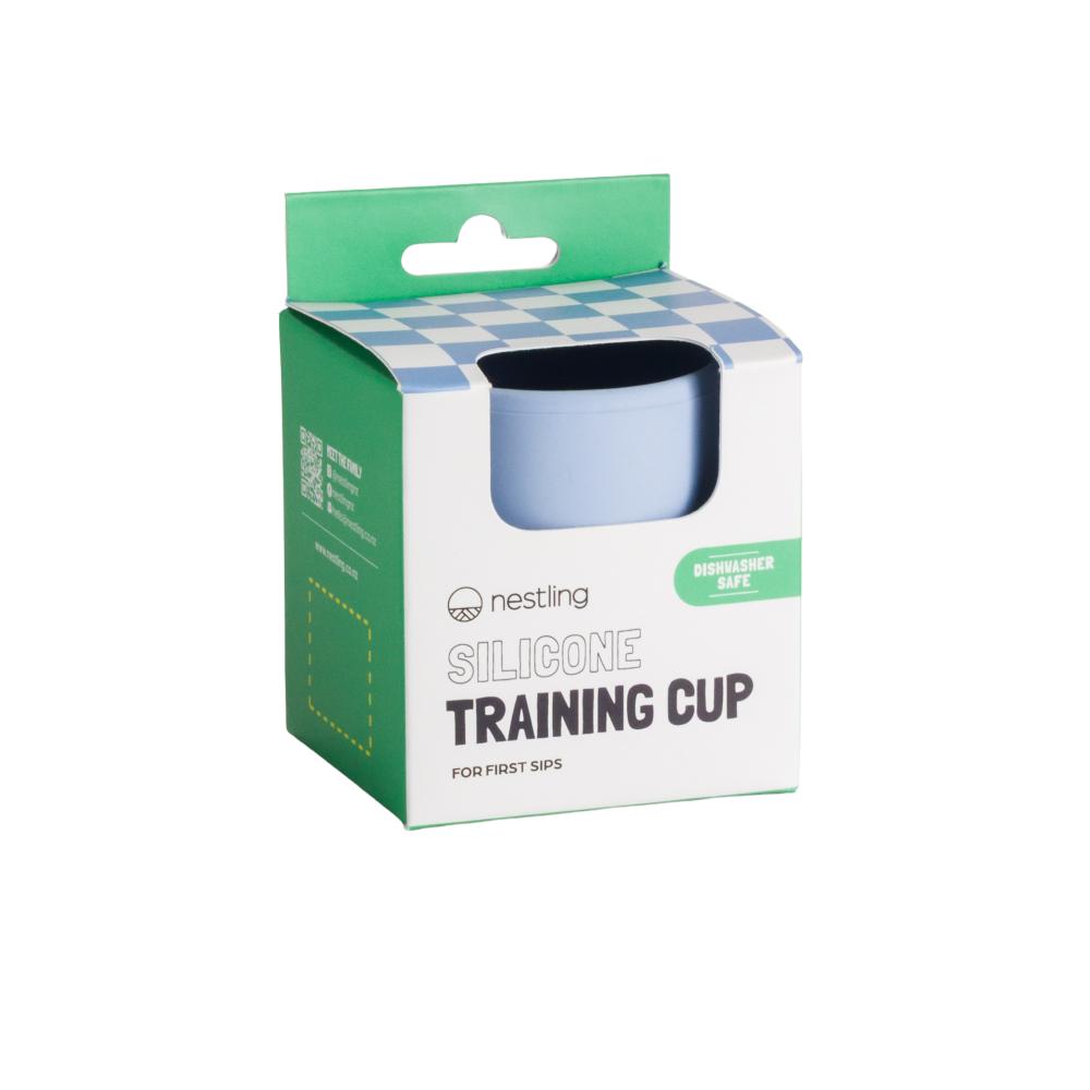 Boxed silicone training cup with green and white design on a white background