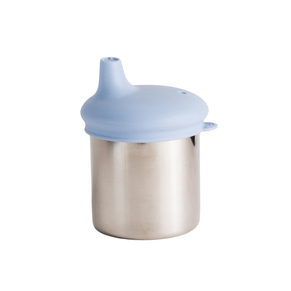 Stainless steel toddler cup with a light blue silicone sippy lid on a white background