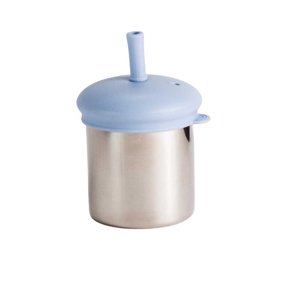 Stainless steel cup with a blue silicone lid with straw on a white background