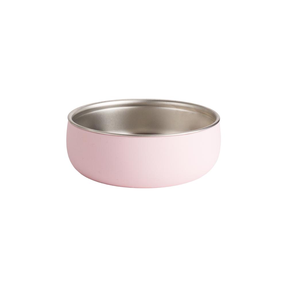 Stainless steel toddler bowl with pink silicone outer on a white background