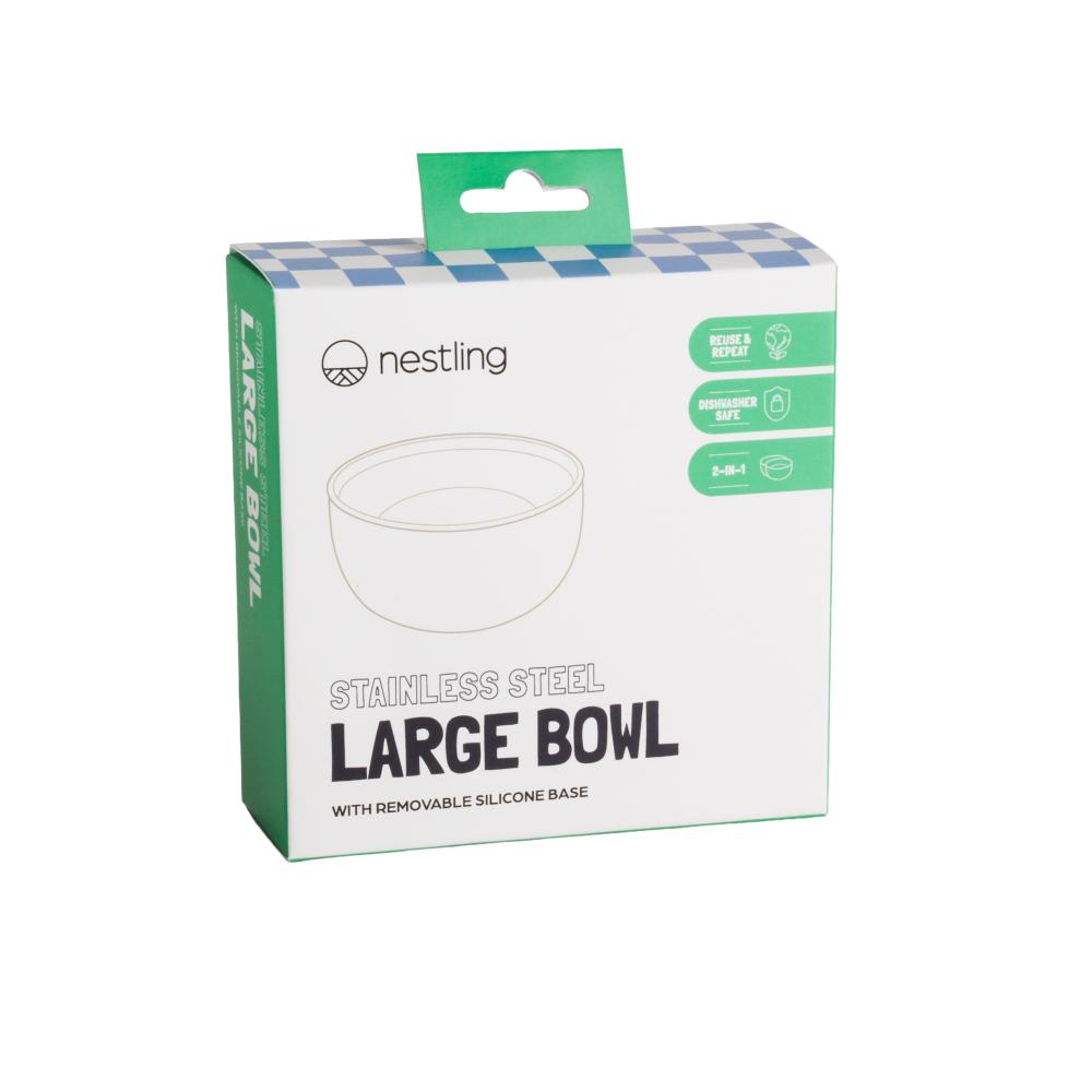 Box of Nestling stainless steel large bowl with removable silicone base on a white background