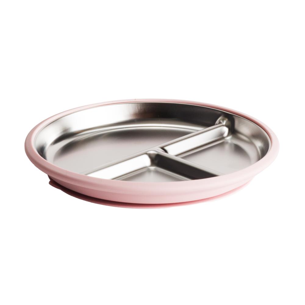 Stainless Steel divided plate with pink silicone on a white background