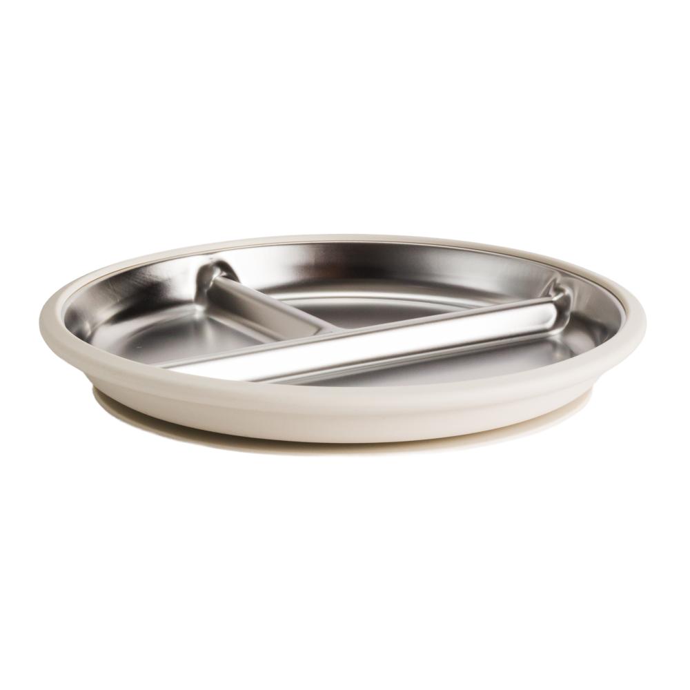 Stainless Steel divided plate with beige silicone on a white background