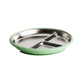 Stainless Steel divided plate with green silicone on a white background