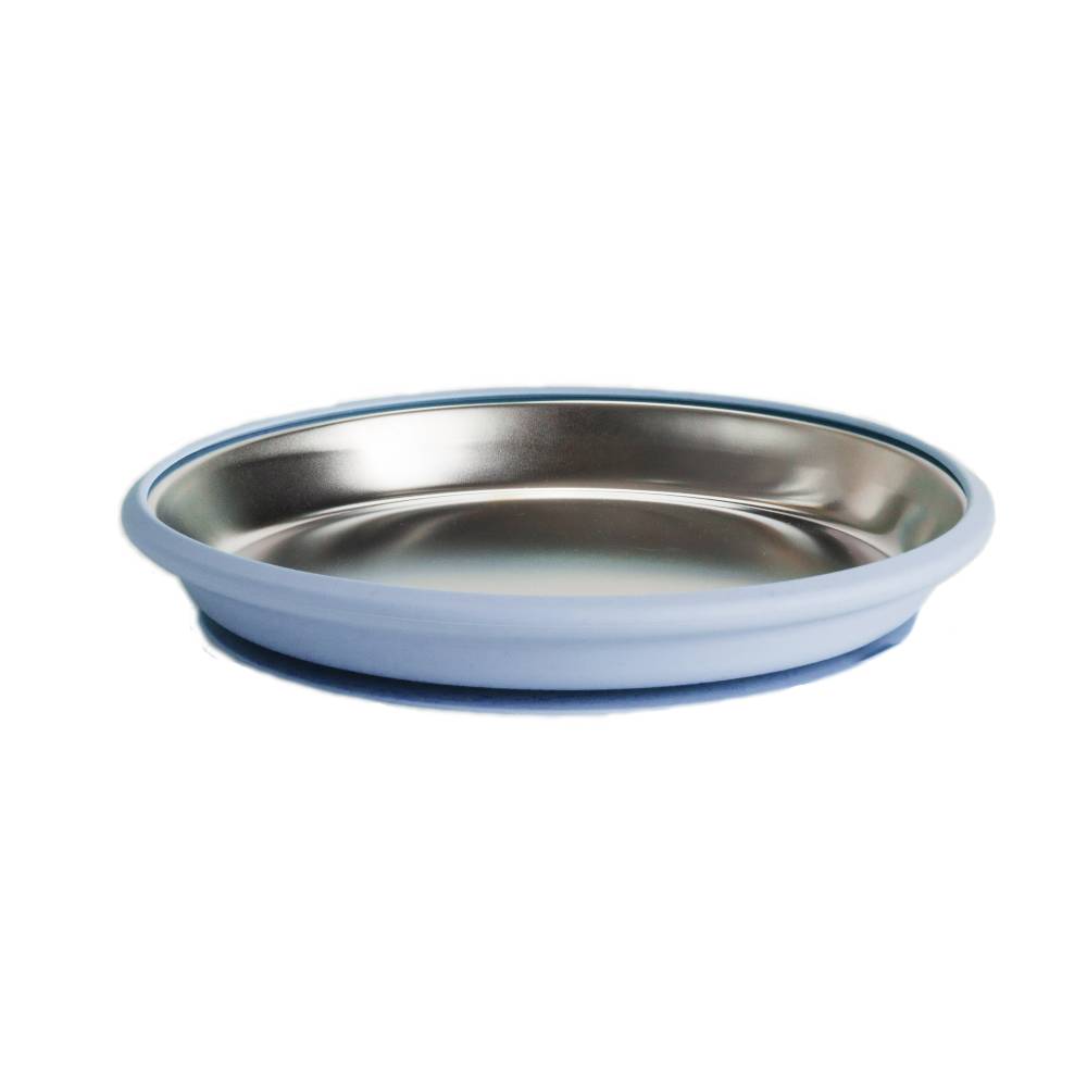Stainless Steel flat plate with blue silicone on a white background
