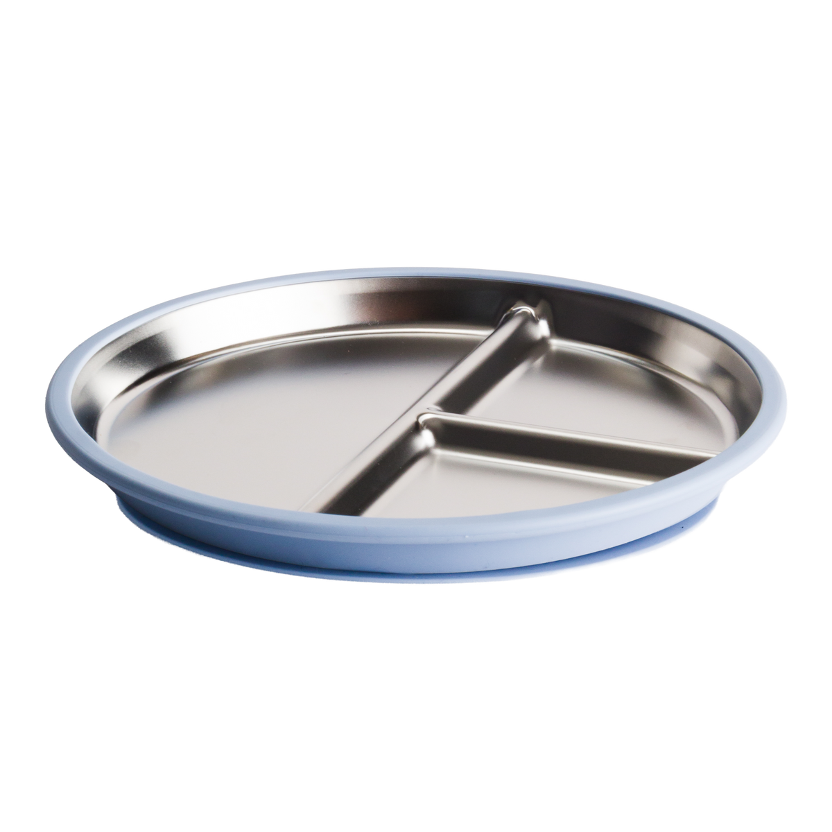 Stainless Steel divided plate with blue silicone on a white background