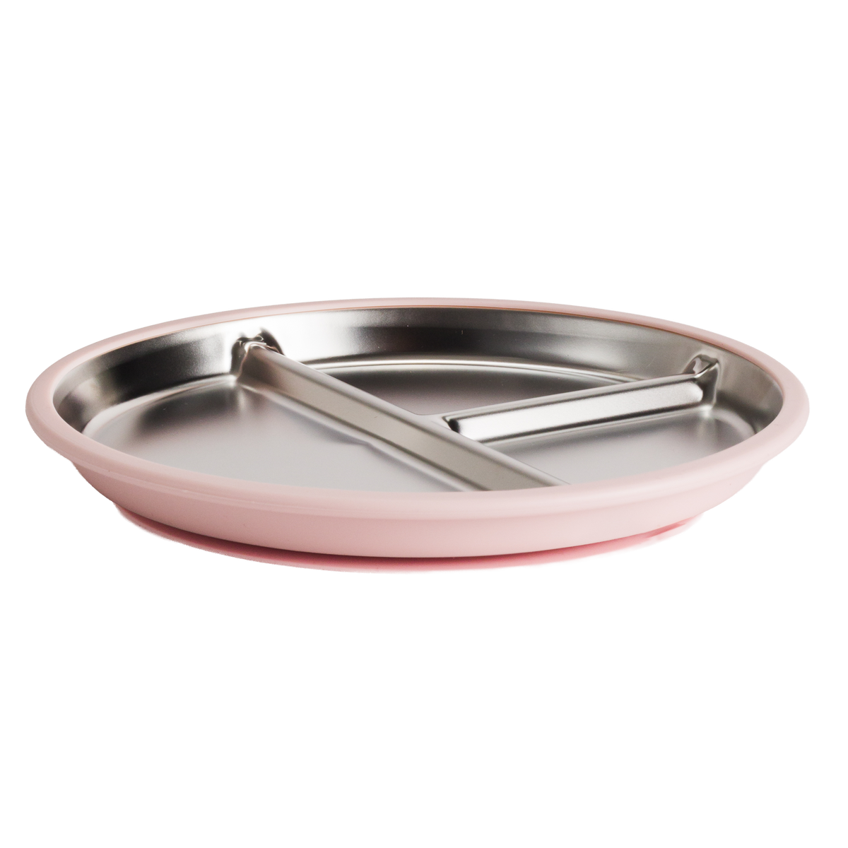 Stainless Steel divided plate with pink silicone on a white background