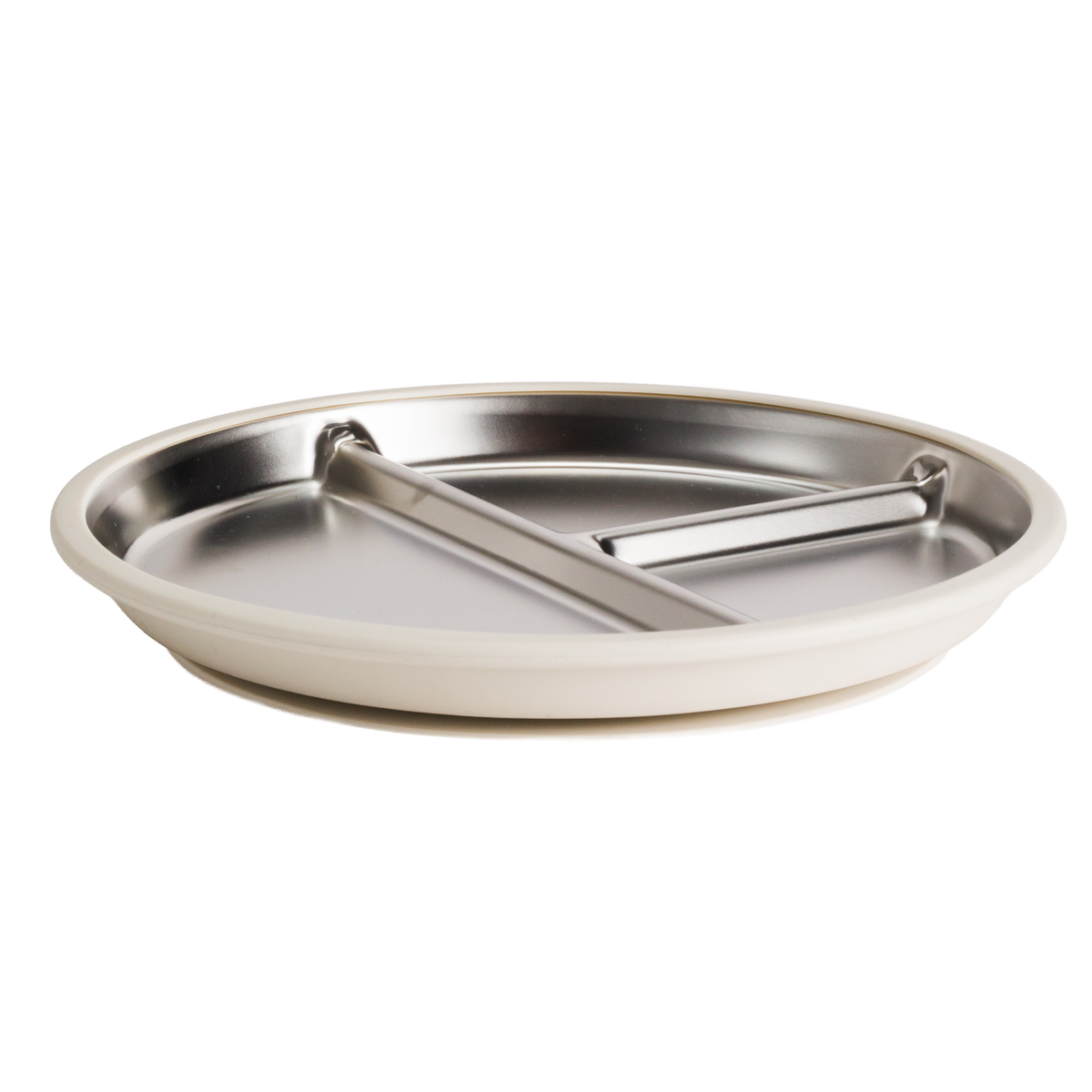Stainless Steel divided plate with beige silicone on a white background