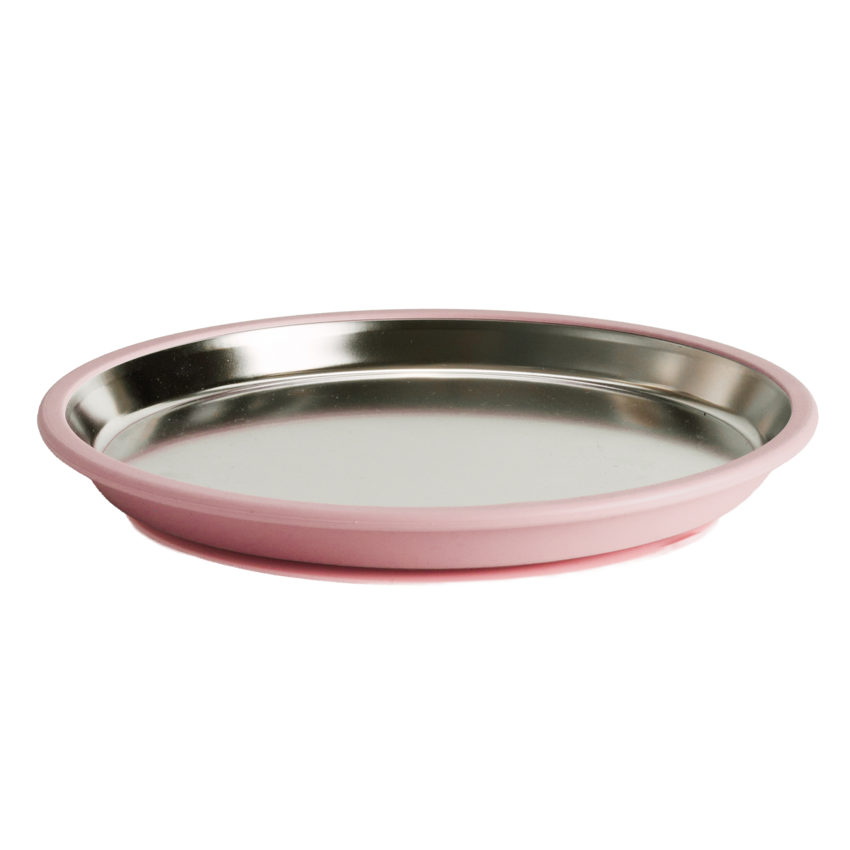 Stainless Steel flat plate with pink silicone on a white background