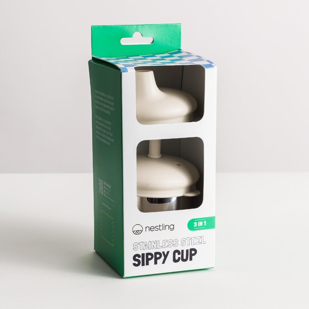 Nesting stainless steel sippy cup packaging on a white background