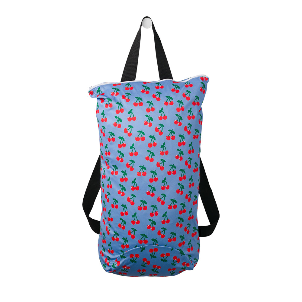 Large Swim Wet Bag with Blue Cherries print on a white background