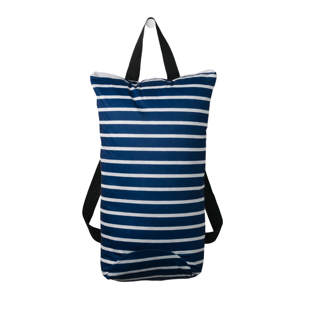 Large Swim Wet Bag in a navy stripe print on a white background