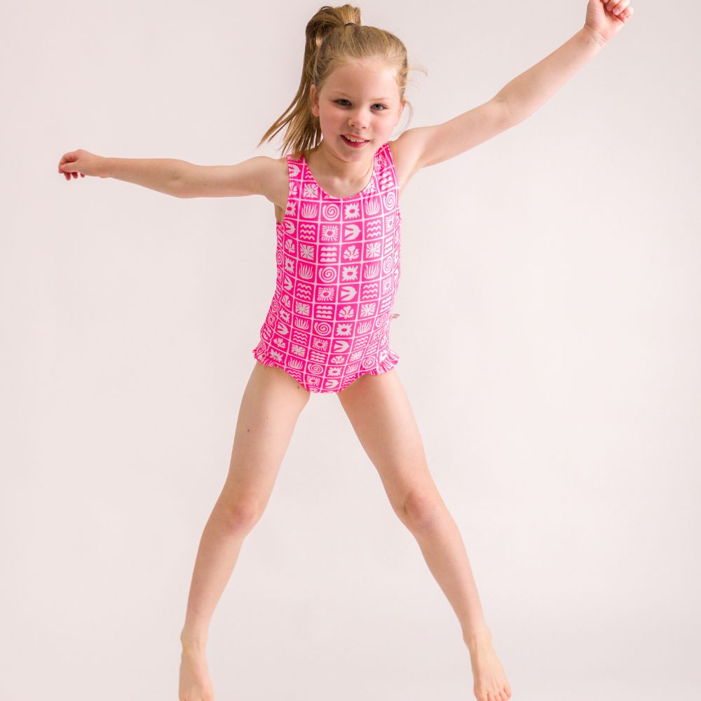 Neon Girls Swimsuit - Neon Pink Retro Surf