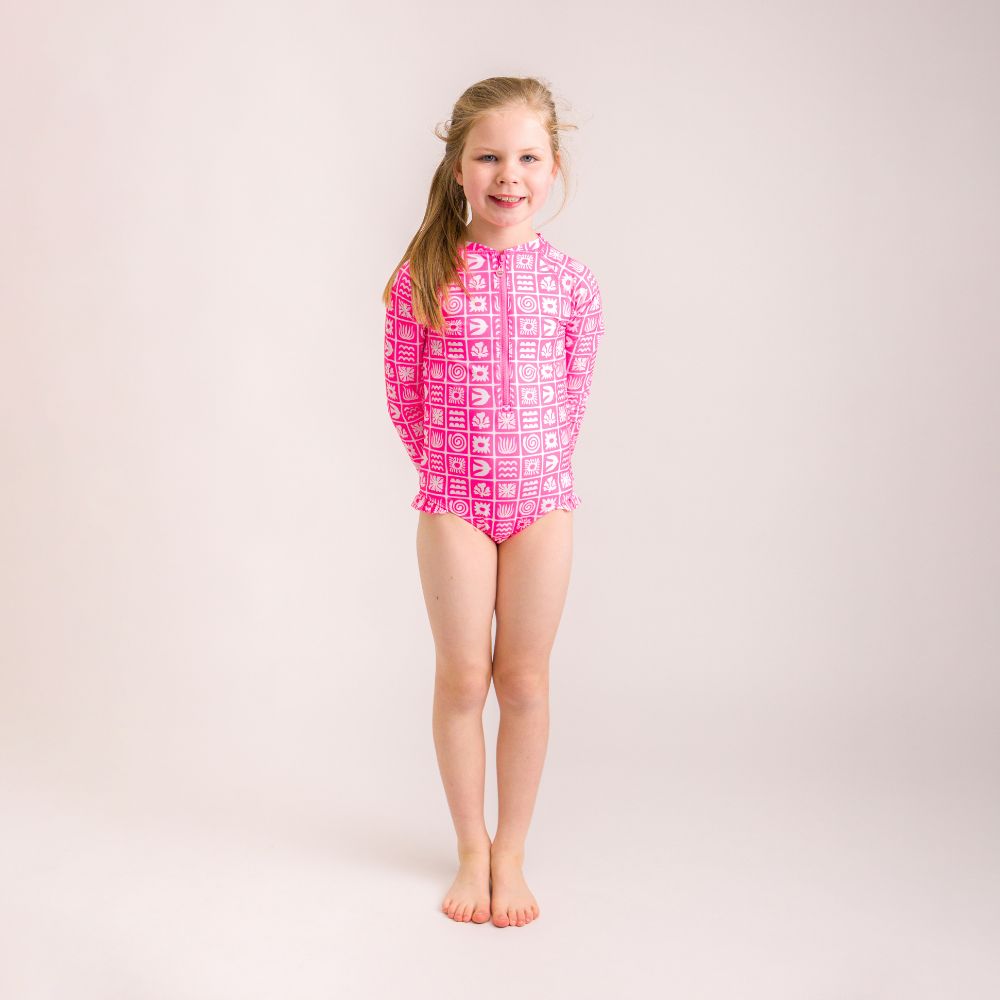 Neon Sleeved Girls Swimsuit - Neon Pink Retro Surf