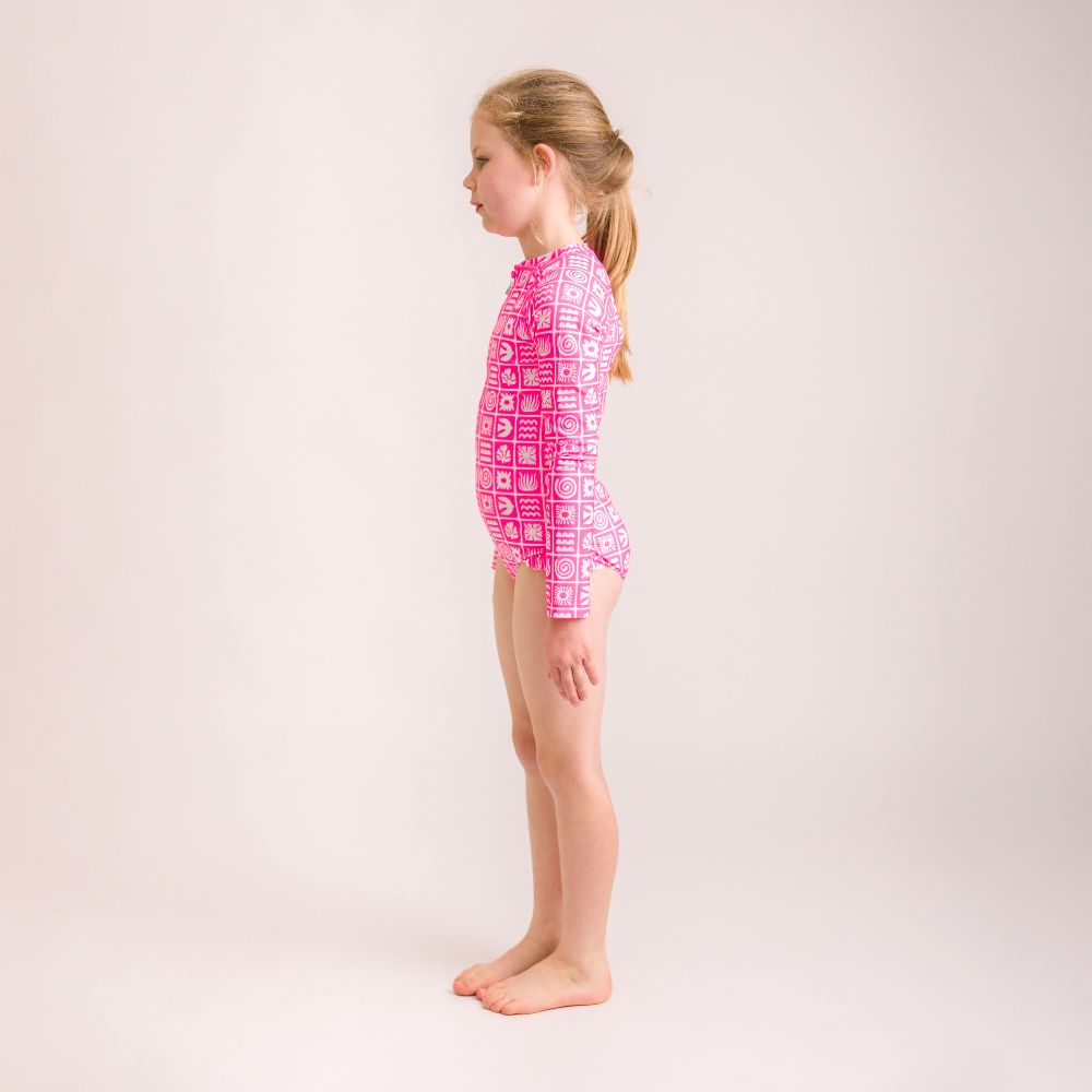 Neon Sleeved Girls Swimsuit - Neon Pink Retro Surf