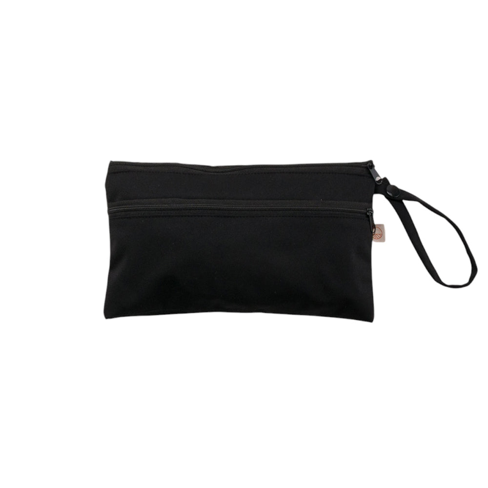 Black mini accessories bag with a strap on a white background
