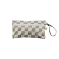 Green and white checkered mini accessories bag with a strap on a white background