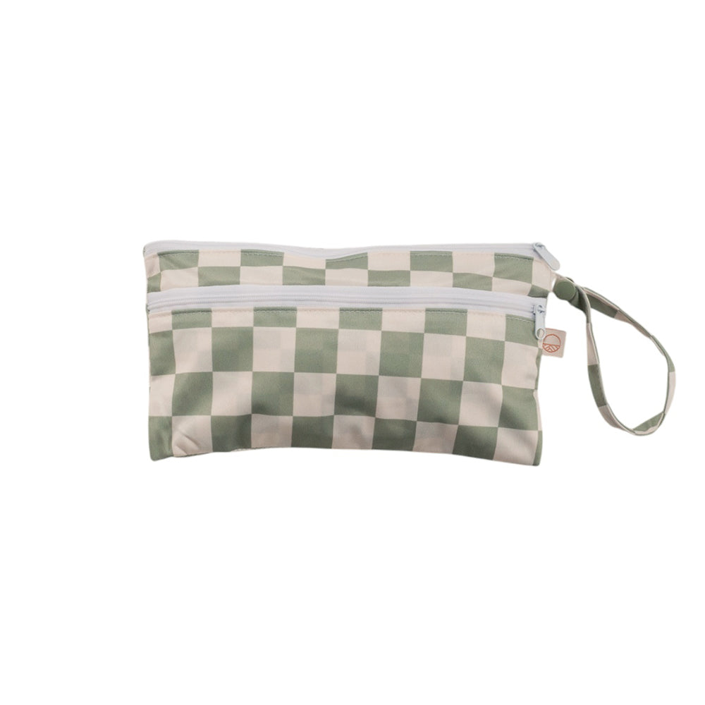 Green and white checkered mini accessories bag with a strap on a white background