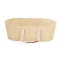 Natural moses basket with leather handles on a white background