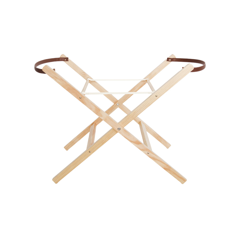 Wooden moses basket stand with leather handles on a white background