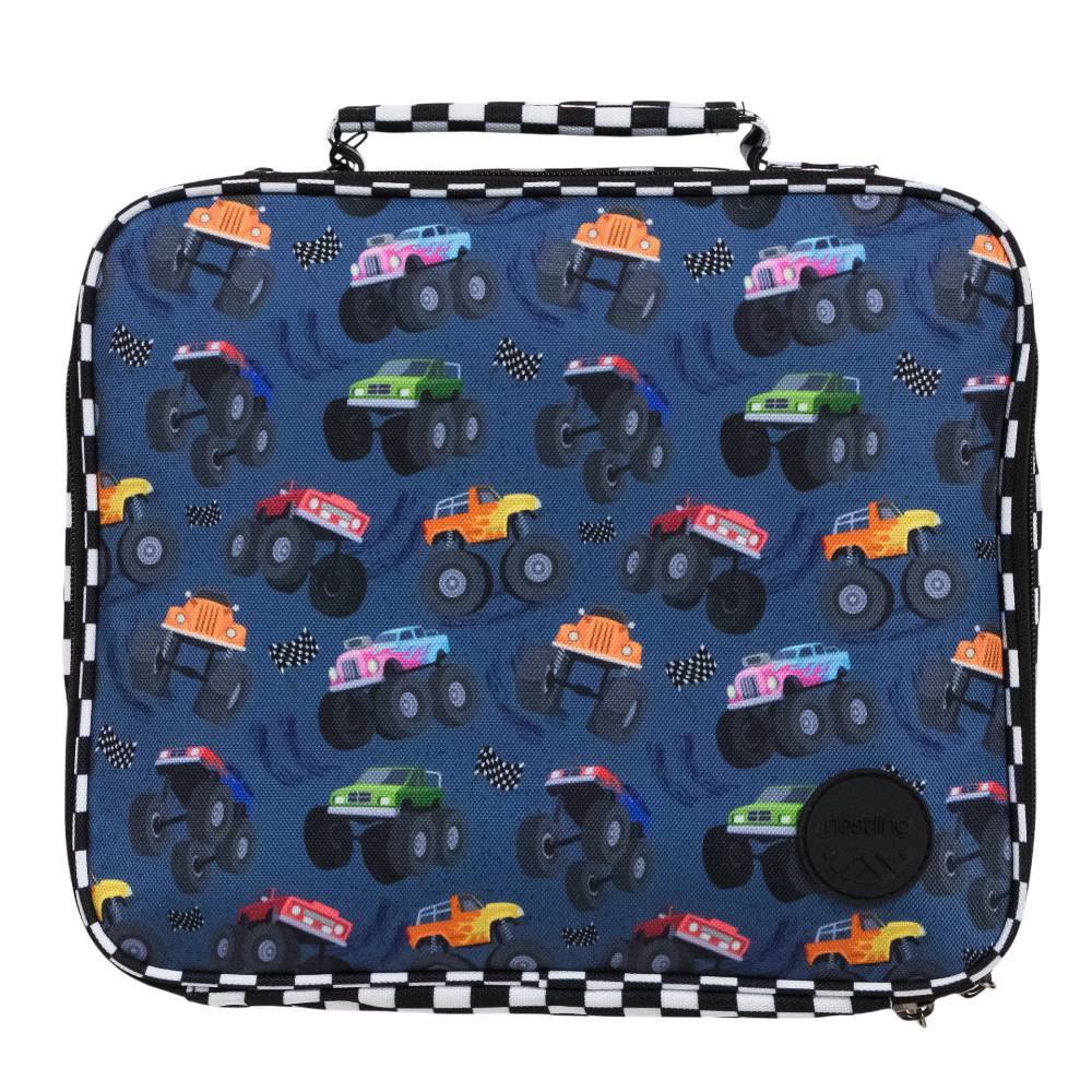 Monster Truck print Insulated Lunch Bag on a white background