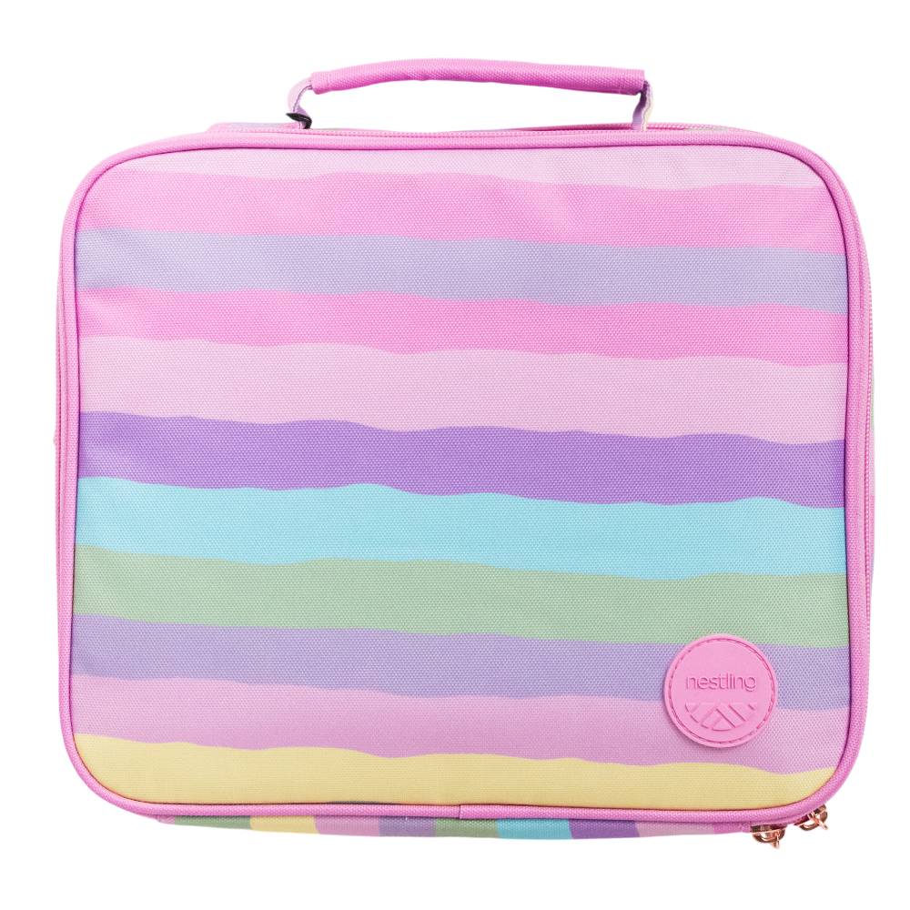 Pastel Rainbow print Insulated Lunch Bag on a white background
