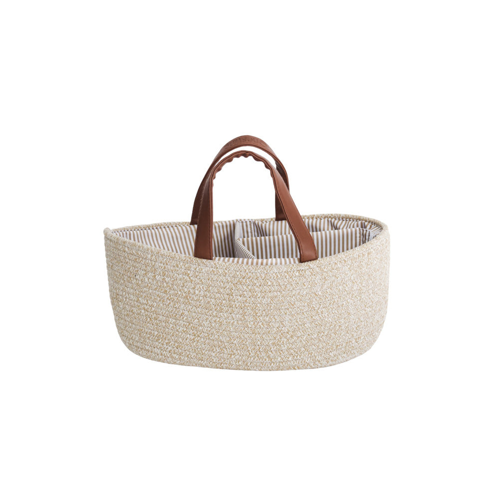 Beige woven basket with brown leather handles on a white background