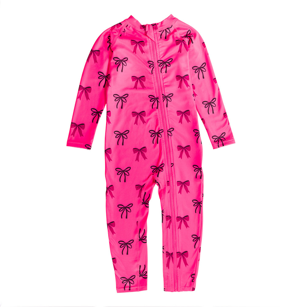 Full Neon Swimsuit in Neon Pink Bows pattern on a white background