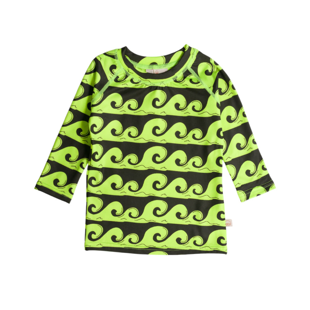 Neon Swim Rash Shirt in Green Waves pattern on a white background