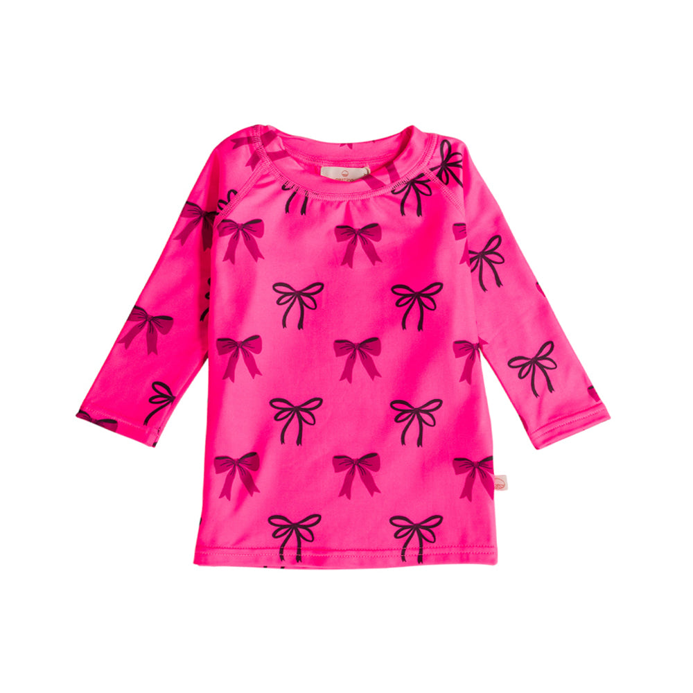 Neon Swim Rash Shirt in Pink Bows pattern on a white background