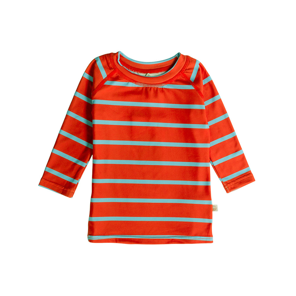 Neon Swim Rash Shirt in Red Stripe pattern on a white background