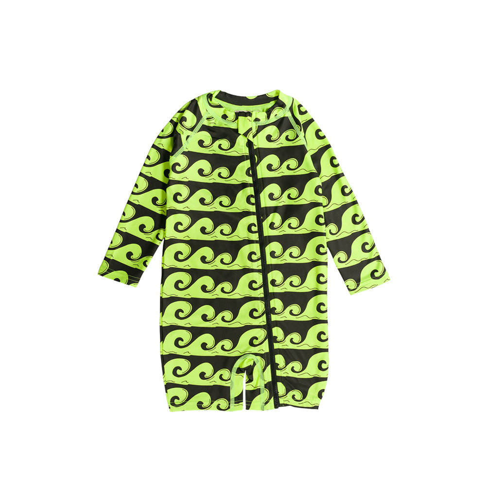 Neon Shortie Swimsuit in Green Waves pattern on a white background