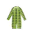 Neon Shortie Swimsuit with Half Zip in Green Waves pattern on a white background