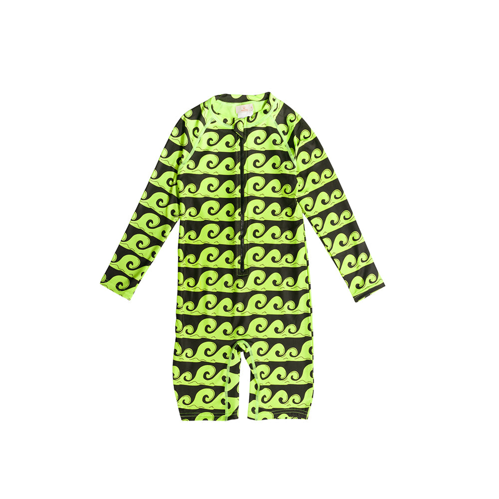 Neon Shortie Swimsuit with Half Zip in Green Waves pattern on a white background