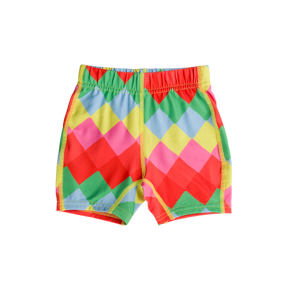 Neon Swim Shorts in Diamond pattern on a white background