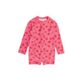 Neon Shortie Swimsuit with half zip in Pink Hearts pattern on a white background