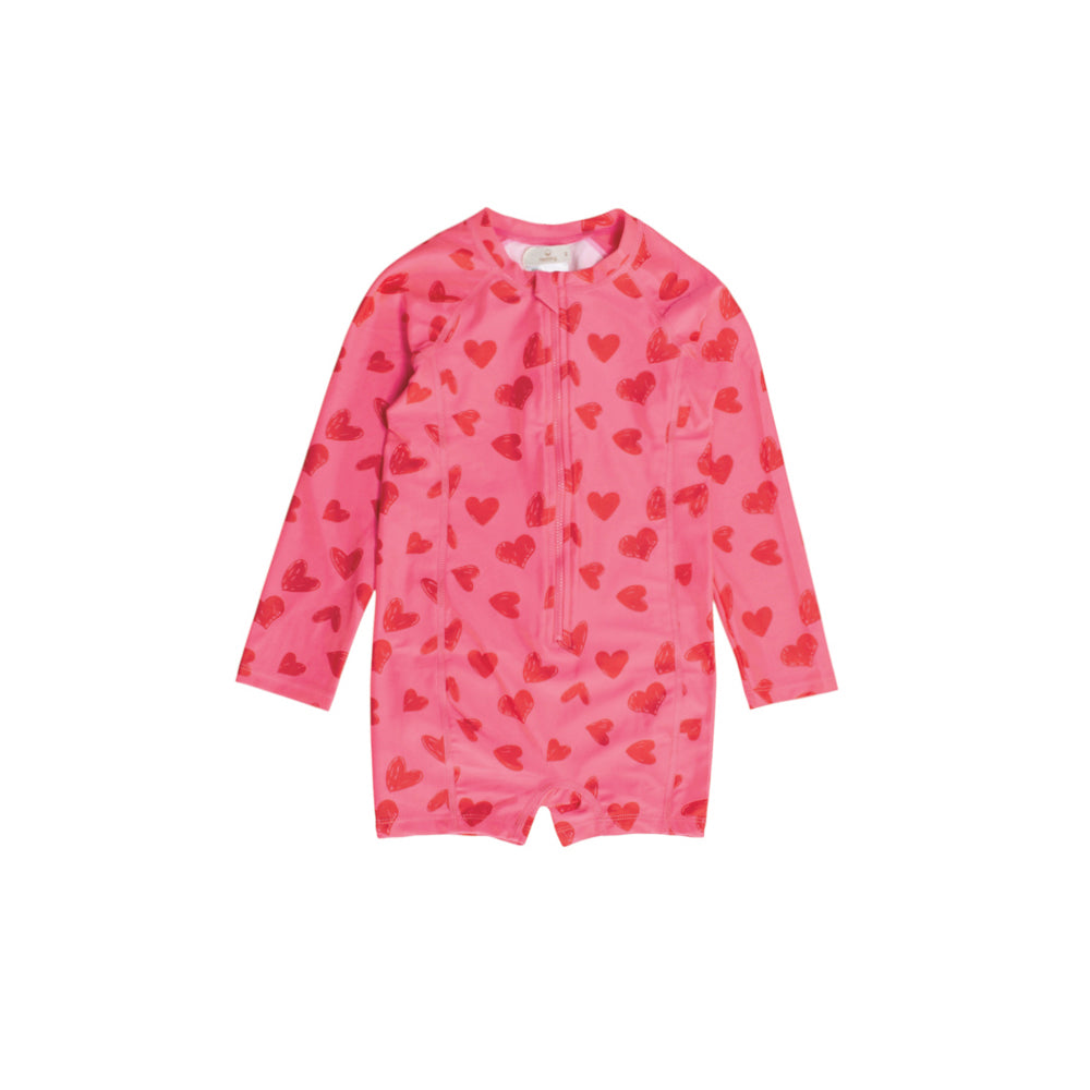 Neon Shortie Swimsuit with half zip in Pink Hearts pattern on a white background