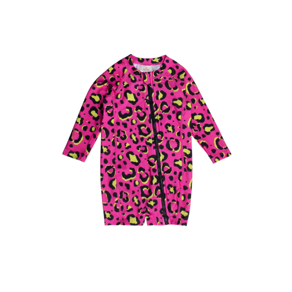 Neon Shortie Swimsuit in Pink Leopard pattern on a white background