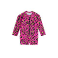 Neon Shortie Swimsuit with half zip in Pink Leopard pattern on a white background