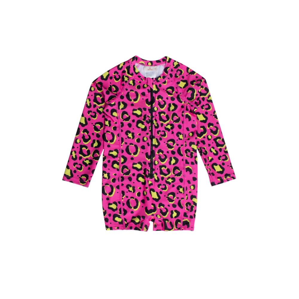 Neon Shortie Swimsuit with half zip in Pink Leopard pattern on a white background