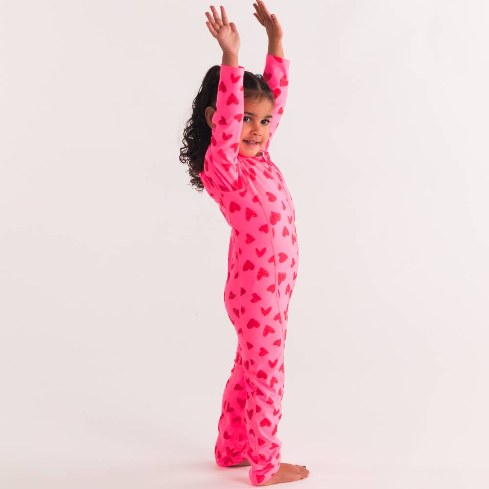 Neon Full Length Swimsuit Half Zip - Pink Hearts