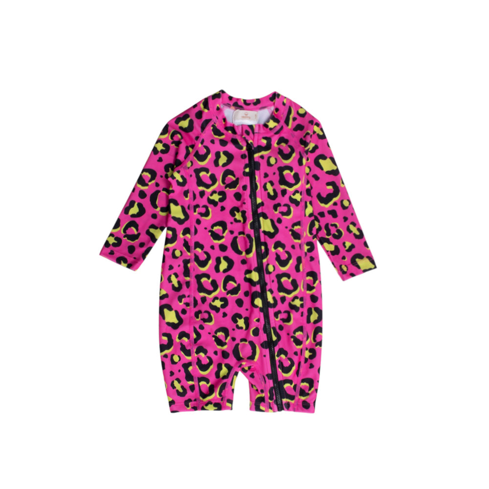 Pink long sleeve shortie swim onesie with leopard print on a white background