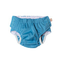 Blue reusable swim nappy with white trim on a white background