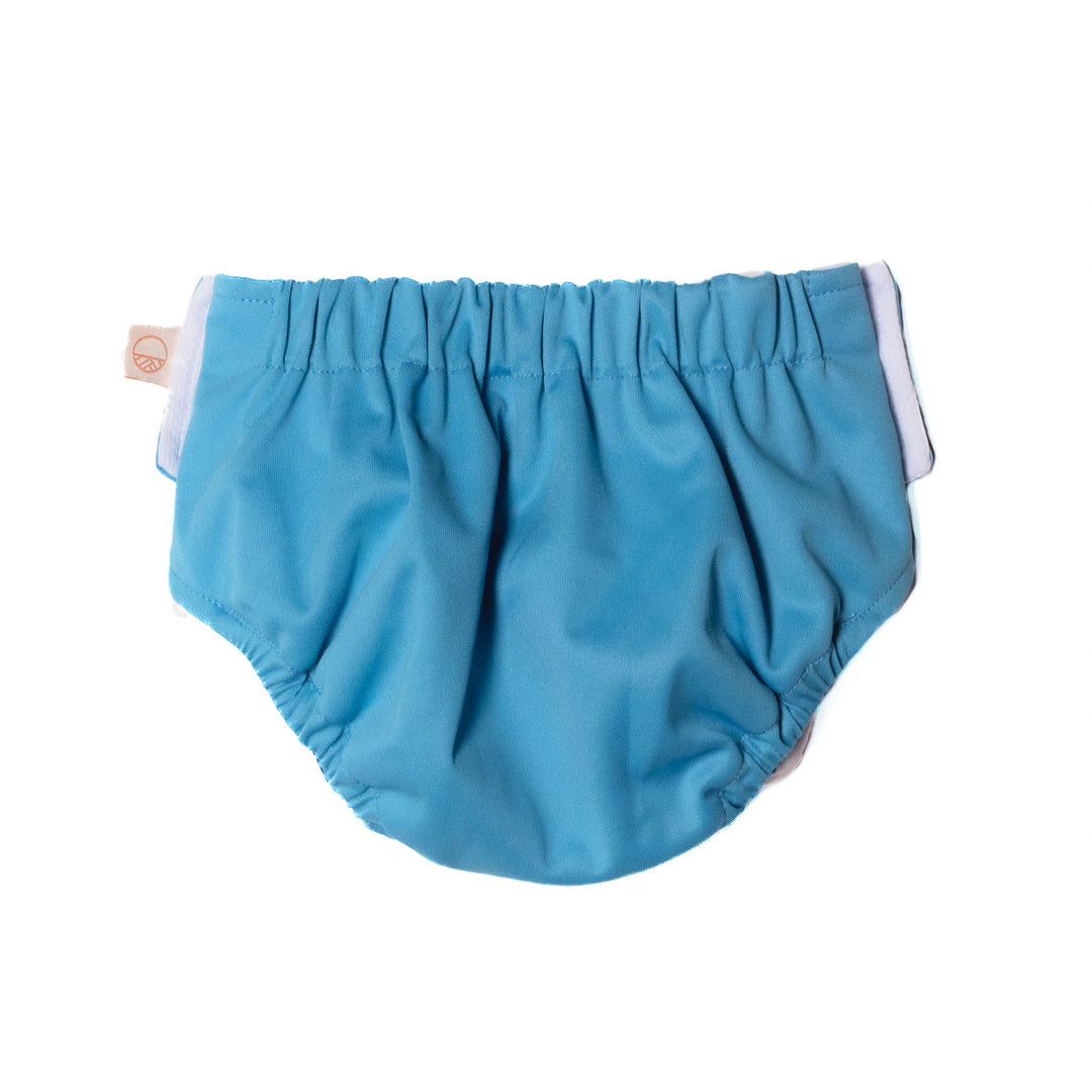Blue swim nappy with white trim on a white background