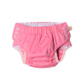 Pink baby swim nappy with snap closure on a white background