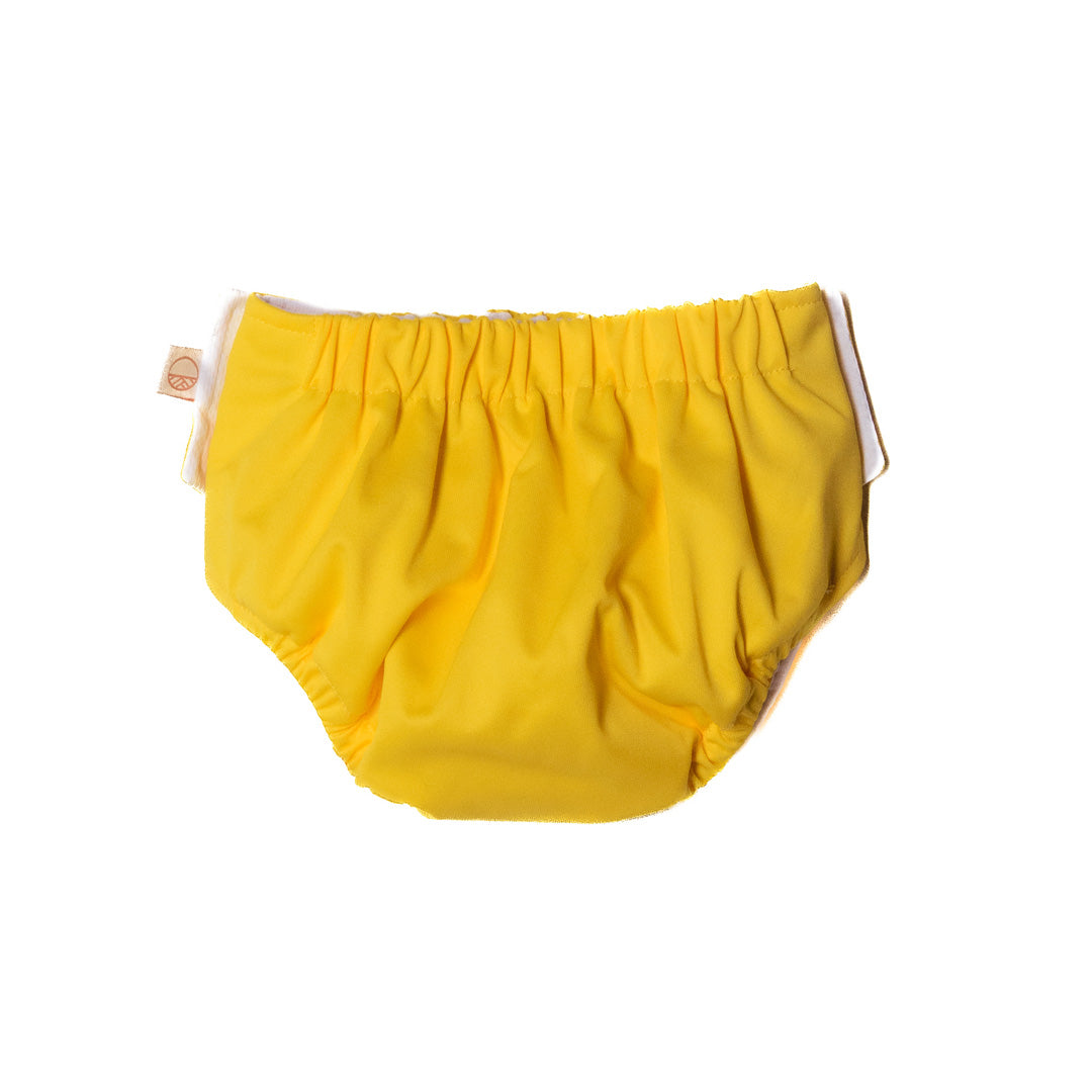 Yellow reusable swim nappy on a white background