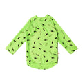 Bright neon green swim rash vest with black lightening bolts.