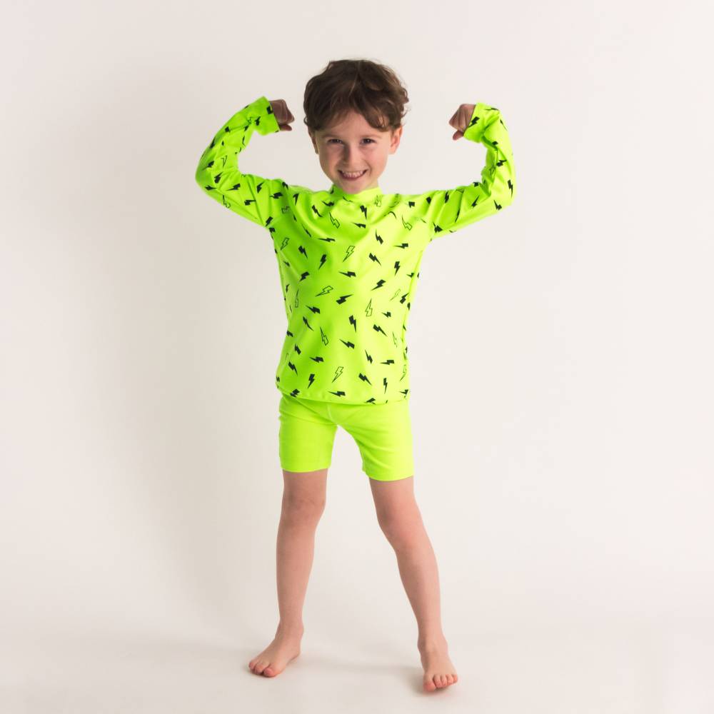 Neon Swim Rash Vest - Green Bolts