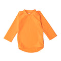 Neon orange long-sleeve rash vest on a white background